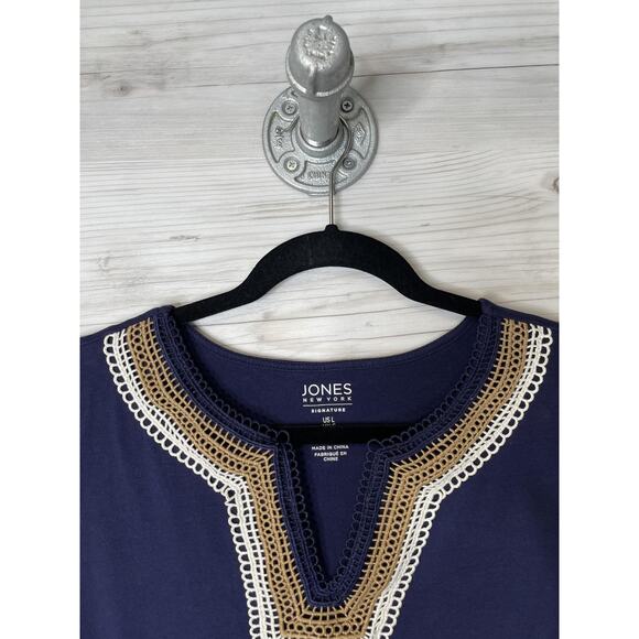 Jones New York Signature Shirt Womens Large Navy Blue Crochet Split Neck Top - Picture 2 of 10